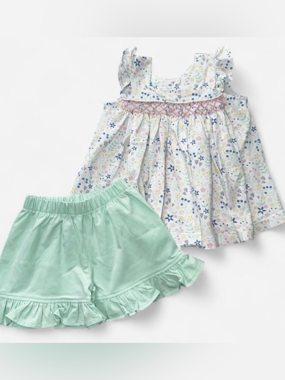Girls Floral Smocked Top and Mint Ruffle Shorts Set - Cute Summer Outfit